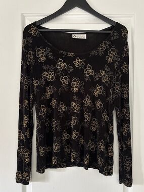 Chagall Black Long Sleeve Scoop Neck Top with Gold Floral Print